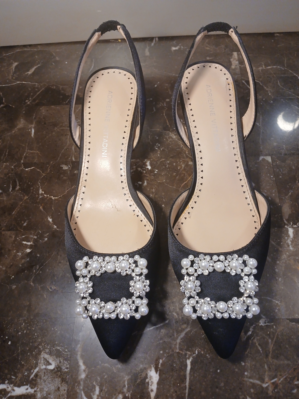 Adrienne Vittadini Black Satin Slingback Heels with Pearl & Crystal Buckles